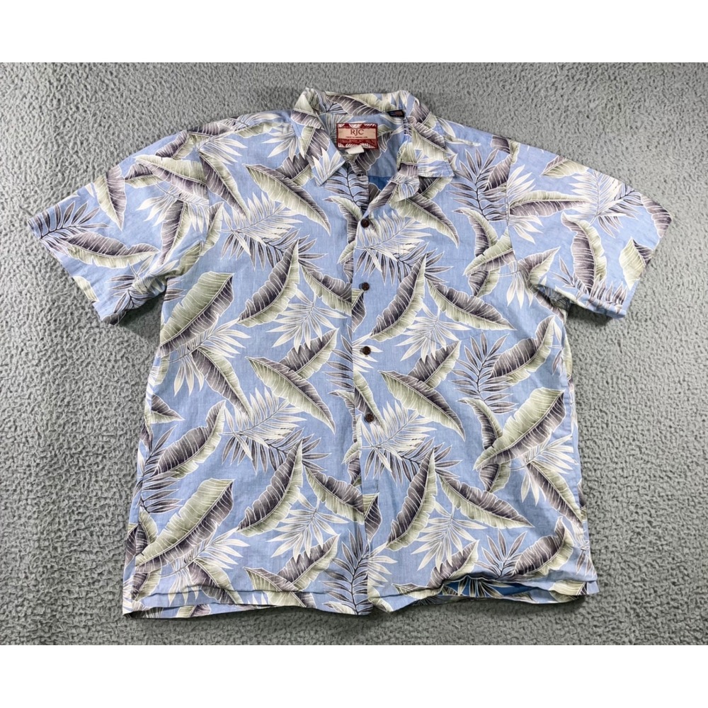VTG RJC Hawaiian Shirt Men XL Blue Tropical Leaf Print S/S Cotton Resort Beach